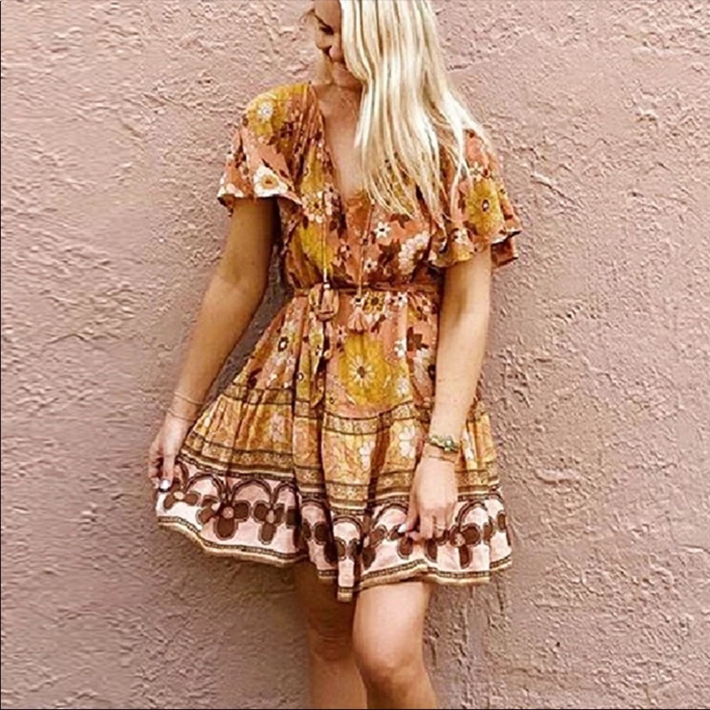 Yellow Tiered Boho Floral Gypsy Print Dress - Picture 4 of 11